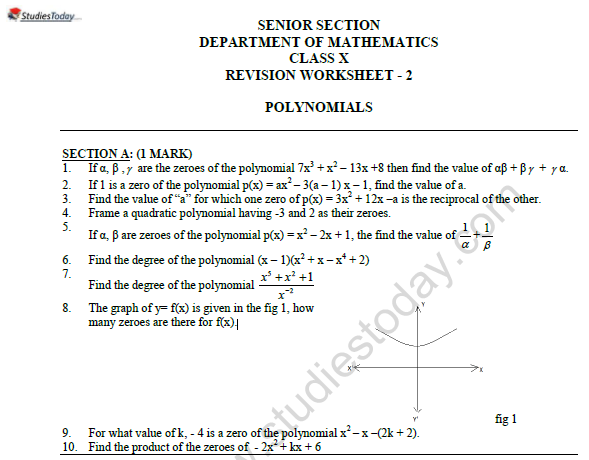 CBSE Class 10 Mathematics Polynomials Worksheet Set A